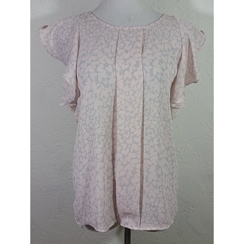 Elle XS Top Pink Hearts Pleated Ruffle Cap Sleeve Keyhole Open Geometric